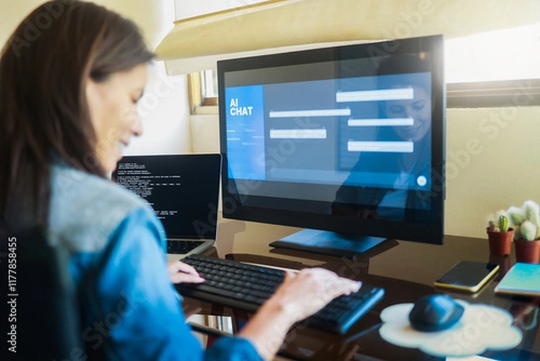 Fototapeta AI chat bot, Programmer using generative artificial intelligence for interface development on computer, Virtual chatBot technology trend