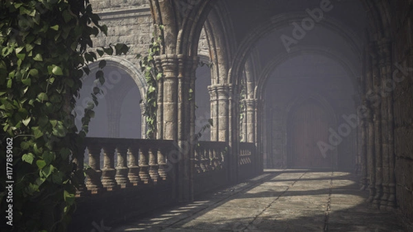 Fototapeta Early morning sun light casts shadows in the Gothic cloisters of a medieval castle. 3D render.