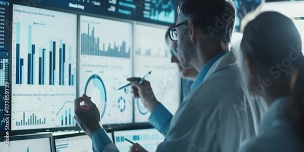 Fototapeta Data analysts evaluate digital dashboards and analytics in a high-tech monitoring room during a research project
