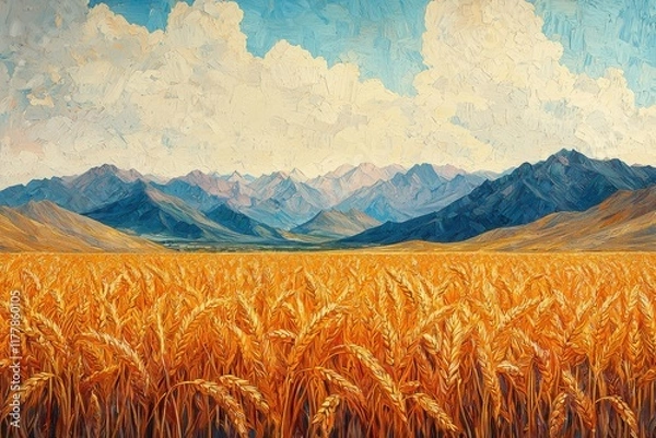Fototapeta Fields of golden wheat with textured details and mountains rising in the distance