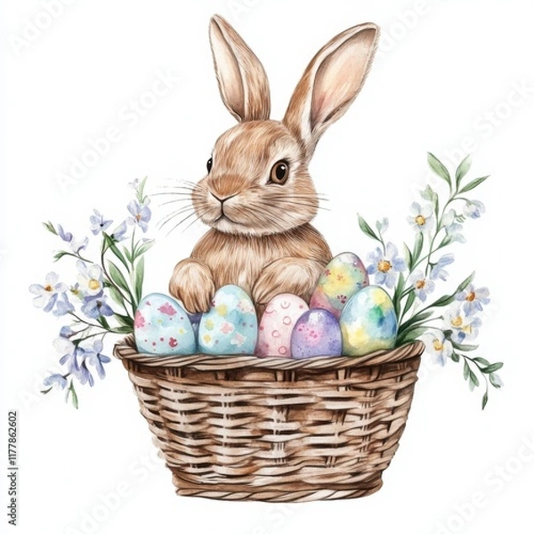 Fototapeta Whimsical watercolor bunny with easter eggs in a basket spring garden setting playful art concept, isolated on white background