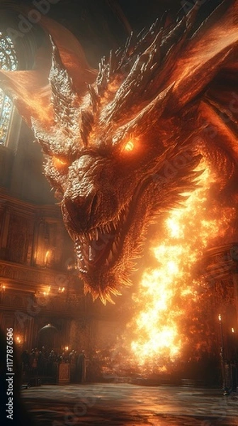 Fototapeta Fearsome Dragon Unleashing Intense Flames in Dramatic Fantasy Scene