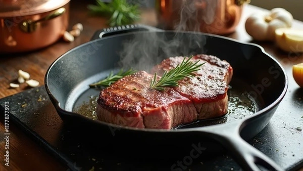Obraz Perfect Pan Sear Steak: Juicy Ribeye with Golden Crust Sizzling in Cast Iron Skillet, Aromatic Rosemary and Garlic, Steam Rising in Natural Kitchen Light, Gourmet Cooking Scene with Copper Cookware