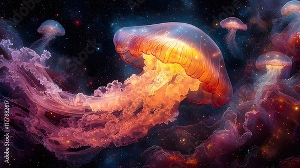 Fototapeta Surreal Jellyfish Drifting in a Luminous Multidimensional Underwater Realm with Geometric Patterns