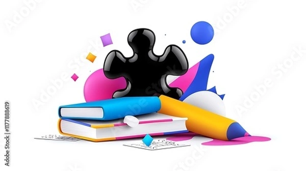 Fototapeta 3D render of puzzle piece, books, pencil, and abstract shapes.