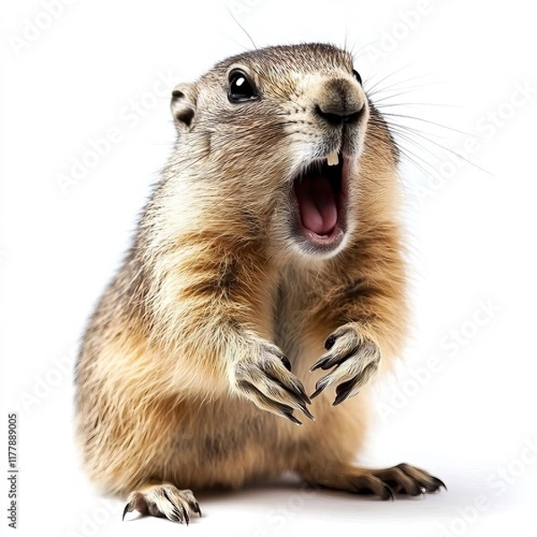 Fototapeta Groundhog with wide open mouth on isolated white background. Big discounts, surprise, news, raffle concept. Generated AI