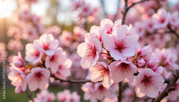 Fototapeta Cherry blossoms in full bloom with sunlight filtering through
