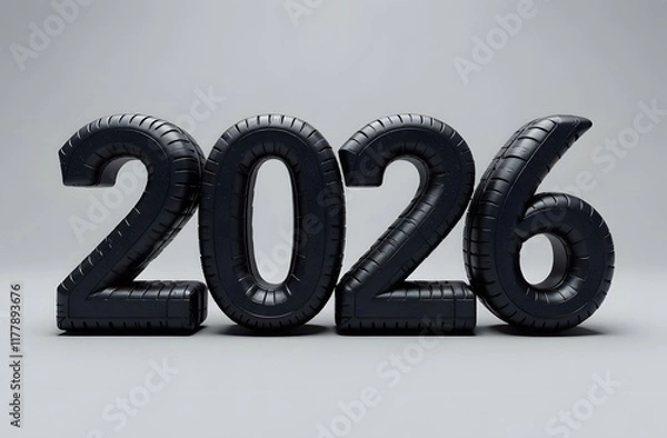 Fototapeta Numbers 2026 made from black car tires on a gray background