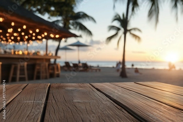 Fototapeta Relaxing beachside bar experience beach table sunset blurred background tranquil atmosphere