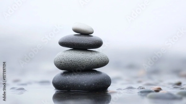 Fototapeta Stacked stones on wet ground, blurred background.