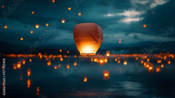 Obraz A burning paper lantern floating into the sky, with a sea of lanterns in the background, during a traditional festival