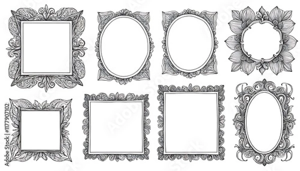 Fototapeta Delicate Doodle Frames Set: Sketched Borders on White