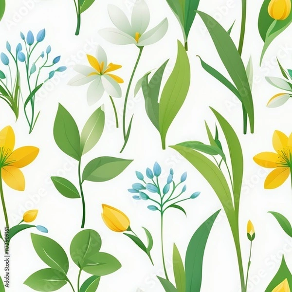 Fototapeta Seamless spring floral patterns with flowers set. Abstract flowers on white background print ornament design. Flowers, leaves decorative retro wallpaper background flat style illustration collection