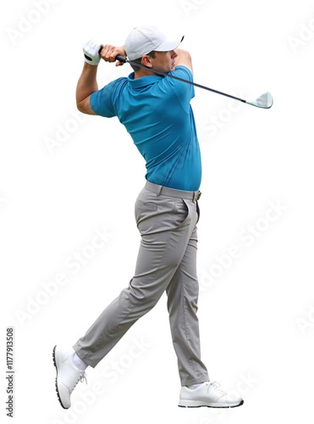 Fototapeta Side view of a pro male golfer in swing motion action on isolated background