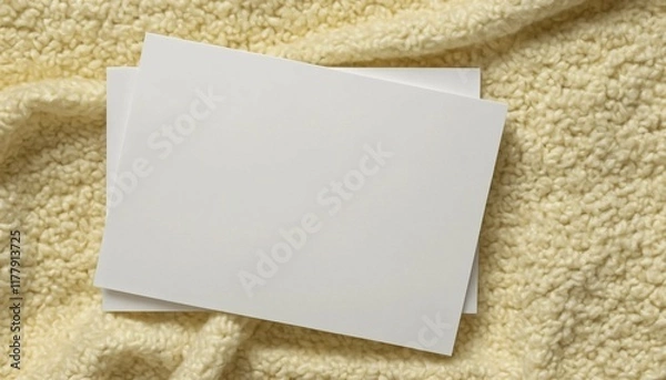 Fototapeta Top view of plain notecard on textured terry cloth with smooth blur