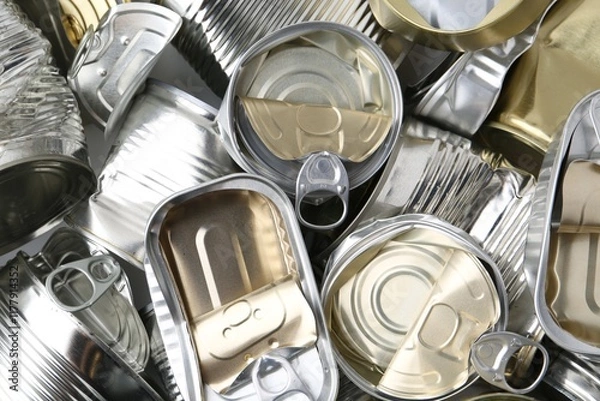Fototapeta Many crumpled tin cans as background, top view