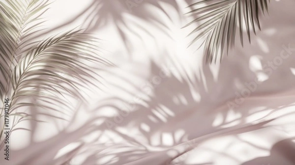 Fototapeta Soft light casts palm leaf shadows on pale pink fabric.