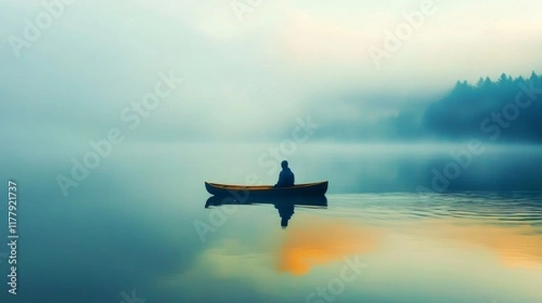 Obraz Solitary figure in a canoe on a misty lake at sunrise.
