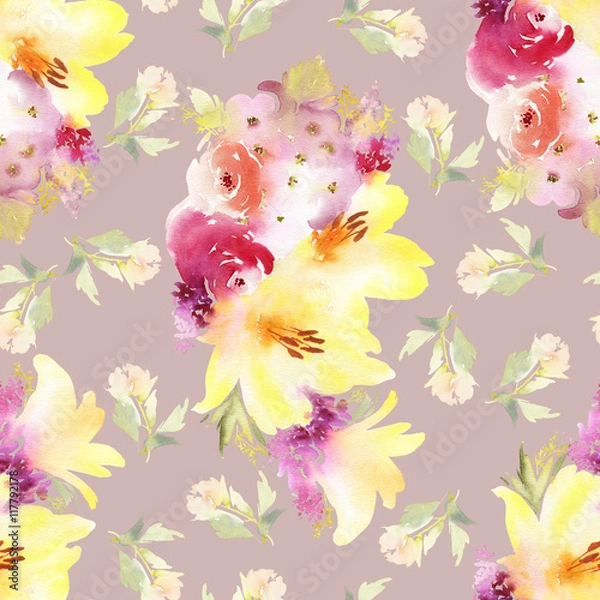 Fototapeta Roses and lilies seamless pattern.