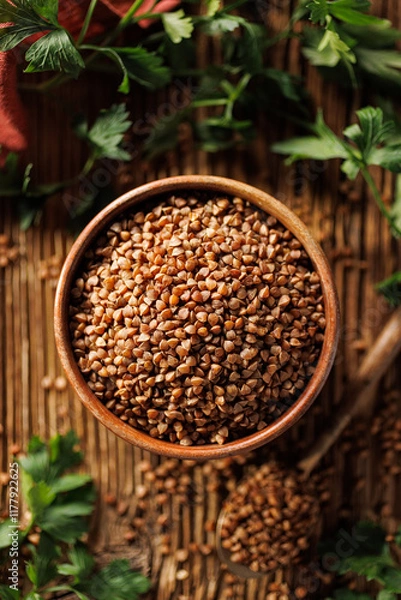 Obraz Common roasted brown buckwheat in a wooden bowl, top view