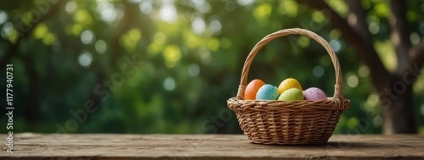 Fototapeta Empty basket on wooden table over green bokeh background. Easter Spring and easter mockup 