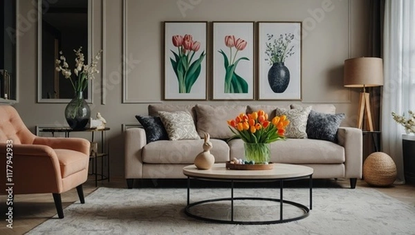 Fototapeta Home interior with easter decor. Mockup with a white frame and spring flowers in a vases on a light background