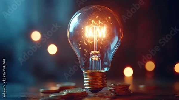 Fototapeta Illuminated lightbulb atop coins; bokeh background; idea, innovation, finance concept; website, presentation