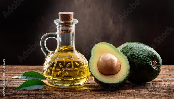 Obraz oil and ripe sparkling avocado on rustic timber desk