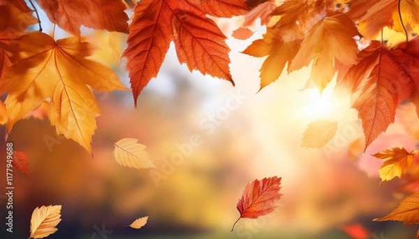 Obraz vibrant autumn leaves falling against a tender background seasonal nature photo