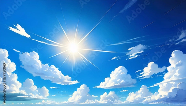 Obraz blue sky with clouds anime fashion history with shining sun and white fluffy clouds sunny