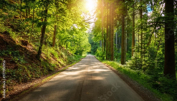 Obraz sunlit country road during summer straight trail through wild forest beautiful summer scenery for outdoor adventures vibrant foliage framing the path with trees and hills perfect for promotional