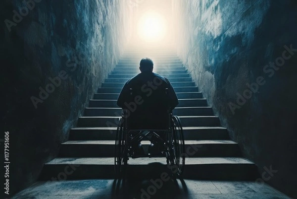 Fototapeta Individual in wheelchair stares at stairs illuminated by bright light in dim environment