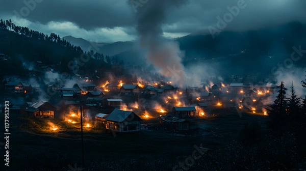 Obraz A village lit by glowing fire pits, with smoke rising into the sky as the background, during a peaceful twilight