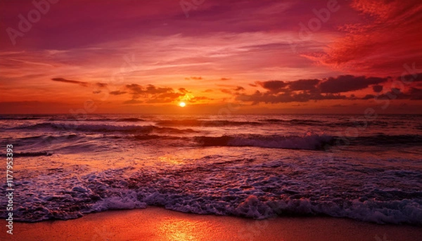 Obraz crimson sunset waves on ocean shoreline at golden hour