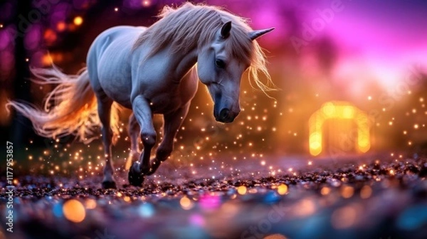 Fototapeta An elegant white unicorn running through a dazzling landscape illuminated with sparkling lights, symbolizing beauty, magic, and wonder in a captivating natural setting.