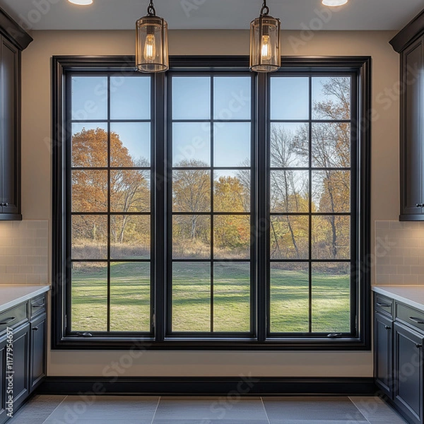 Fototapeta Rolling Three-Part Horizon Window with Ebony Frames for Expansive Views
