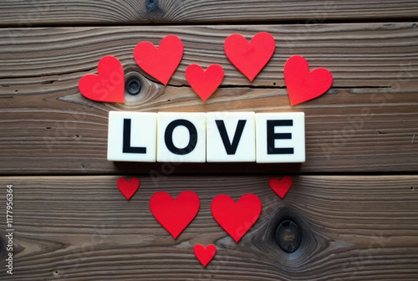 Fototapeta Artistic arrangement of heart and letter blocks on wooden surface, text 'LOVE'.