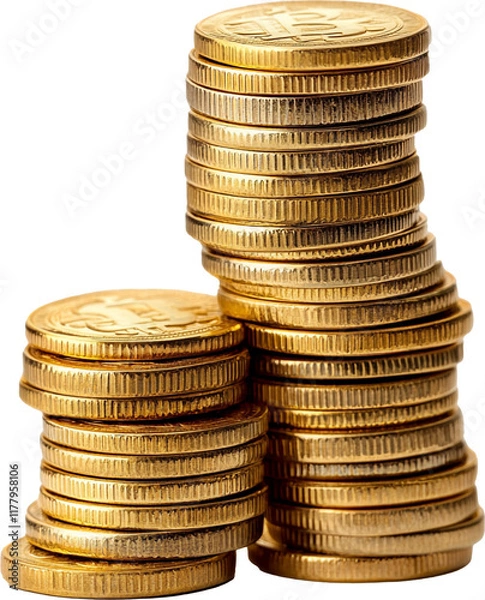 Obraz Piles money gold coins of gleaming with isolated against transparent background. Banking and financial concept, coin, money, gold, currency