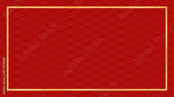 Fototapeta Golden asian chinese new year celebration frame background, abstract red Japanese cloud wave art pattern design backdrop, traditional lunar festival empty rectangle border wallpaper