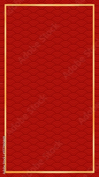 Fototapeta Golden asian chinese new year celebration frame background, abstract red Japanese cloud wave art pattern design backdrop, traditional lunar festival empty rectangle border wallpaper