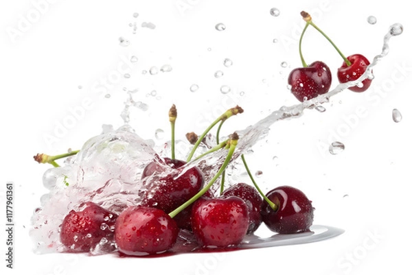 Fototapeta Fresh Red Cherries Splashing Into Water with Drops on transparent Background

