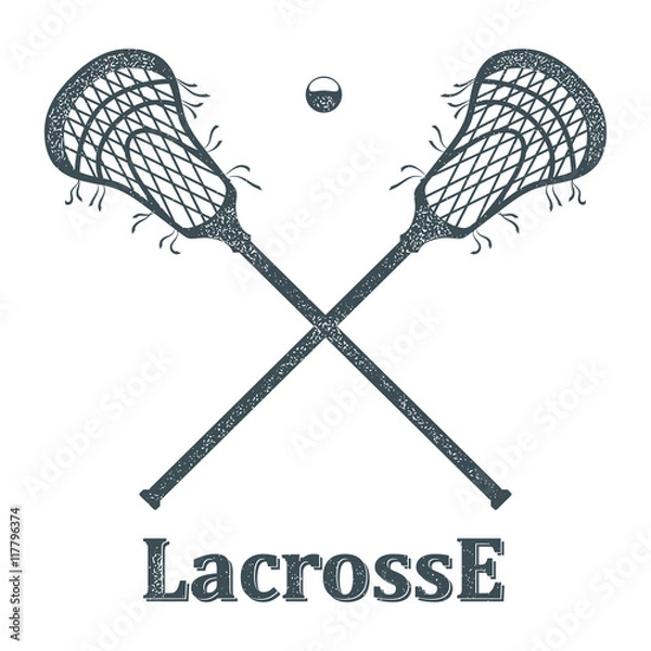 Obraz Skrzyżowane kij do lacrosse i piłka z grunge tekstur na białym bac