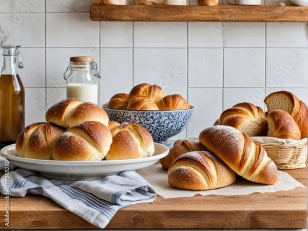 Fototapeta Deliciously flaky croissants dusted with powdered sugar. Captures essence of bakery freshness, appealing to food lovers and culinary enthusiasts. Great for social media food posts.