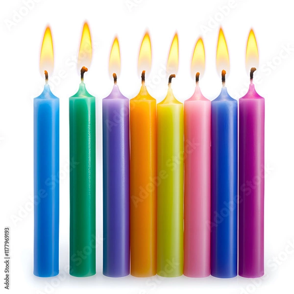 Fototapeta Multicolored Hanukkah candles in rows, isolated on a clean white background.
