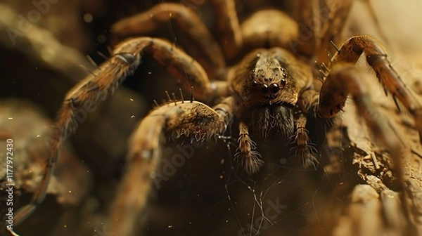 Fototapeta A close-up of a spider in its web, with a soft blurry background, shot with a 35mm, f22, cinematic, wide angle lens