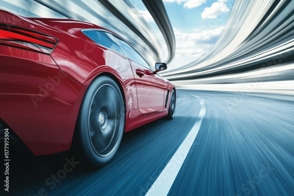 Fototapeta Dynamic scene of a red business car navigating a turn with a blue car speeding on the highway