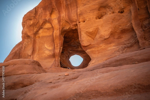 Fototapeta Rock Formation of Hole in Stone in Petra. Rocky Texture with Blue Sky in Wadi Musa. Outdoor Sadstone Window in Jordan.