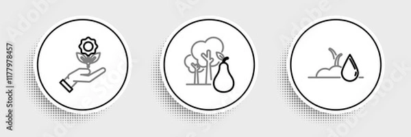 Fototapeta Set line Watering sprout, Hand holding flower and Tree with pears icon. Vector