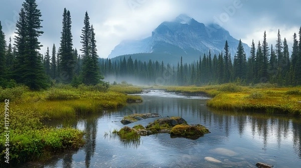 Obraz A mountain range with a river running through it