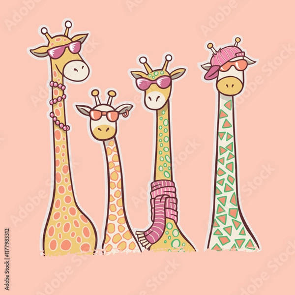 Obraz Meet the most elegant giraffes of the savannah, parading in style with their fashionable and charming outfits, in a cartoon-style adventure, full of glamour and fun!